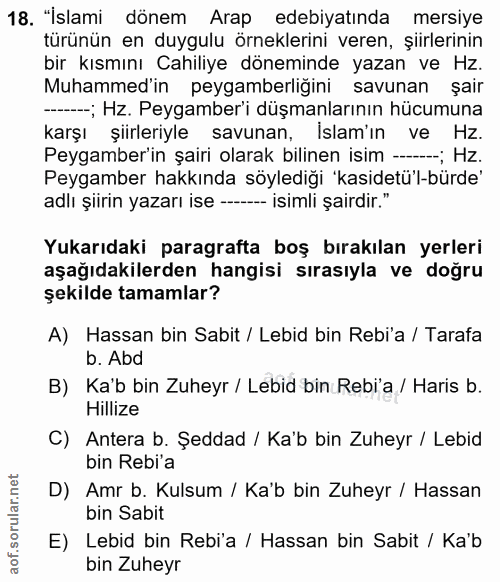 18. soru: "İslami dönem Arap edebiyatında mersiye türünün en duygulu örneklerini veren, şiirlerinin bir kısmını Cahiliye dönemi…