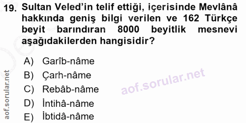 19. soru: Sultan Veled'in telif ettiği, içerisinde Mevlânâ hakkında geniş bilgi verilen ve 162 Türkçe beyit barındıran 8000 bey…