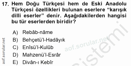 17. soru: Hem Doğu Türkçesi hem de Eski Anadolu Türkçesi özellikleri bulunan eserlere "karışık dilli eserler" denir. Aşağıdakil…