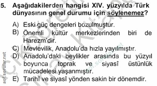 5. soru: Aşağıdakilerden hangisi XIV. yüzyılda Türk dünyasının genel durumu için söylenemez? A) Eski güç dengeleri bozulmuştur…