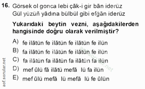 16. soru: Görsek ol gonca lebi çãk-i gir bān iderüz Gül yüzün yädına bülbül gibi efgăn iderüz Yukarıdaki beytin vezni, aşağıdak…