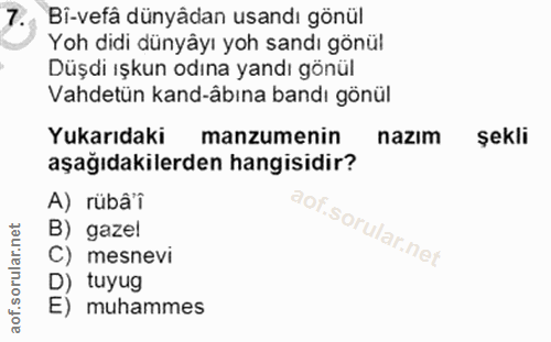 7. soru: Bi-vefâ dünyâdan usandı gönül Yoh didi dünyâyı yoh sandı gönül Düşdi ışkun odına yandı gönül Vahdetün kand-äbına band…