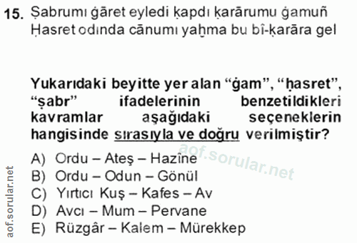 15. soru: Şabrumı ğäret eyledi kapdı karărumu gamuñ Hasret odında cănumı yahma bu bi-karăra gel Yukarıdaki beyitte yer alan "ga…