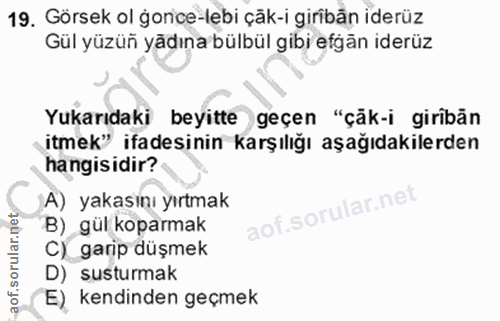 19. soru: Görsek ol gonce-lebi çāk-i girîbān iderüz Gül yüzüñ yädına bülbül gibi efgăn iderüz Yukarıdaki beyitte geçen "çäk-i g…