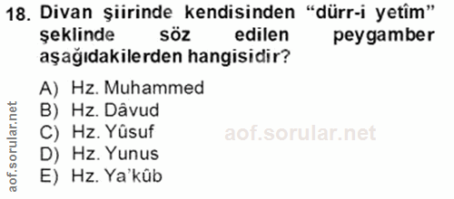 18. soru: Divan şiirinde kendisinden "dürr-i yetîm" şeklinde söz edilen peygamber aşağıdakilerden hangisidir? A) Hz. Muhammed B…