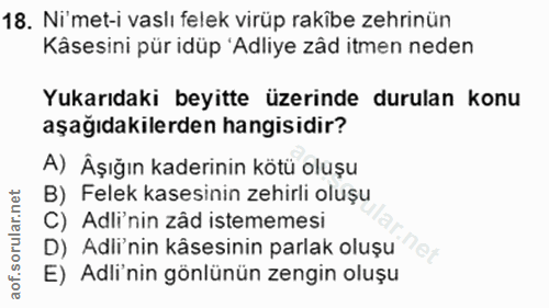 18. soru: Ni'met-i vaslı felek virüp rakibe zehrinün Kâsesini pür idüp 'Adliye zâd itmen neden Yukarıdaki beyitte üzerinde duru…