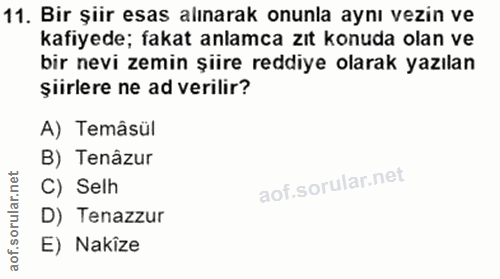 11. soru: Bir şiir esas alınarak onunla aynı vezin ve kafiyede; fakat anlamca zıt konuda olan ve bir nevi zemin şiire reddiye o…