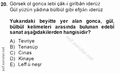 20. soru: Görsek ol gonca lebi çâk-i giribân iderüz Gül yüzün yådına bülbül gibi efgân iderüz Yukarıdaki beyitte yer alan gonca…