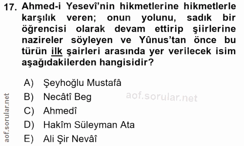 17. soru: Ahmed-i Yesevi'nin hikmetlerine hikmetlerle karşılık veren; onun yolunu, sadık bir öğrencisi olarak devam ettirip şii…