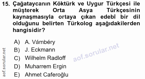 15. soru: Çağataycanın Köktürk ve Uygur Türkçesi ile müşterek Orta Asya Türkçesinin kaynaşmasıyla ortaya çıkan edebî bir dil ol…