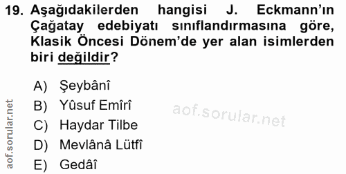 19. soru: Aşağıdakilerden hangisi J. Eckmann'ın Çağatay edebiyatı sınıflandırmasına göre, Klasik Öncesi Dönem'de yer alan isiml…