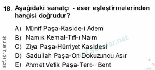 18. soru: Aşağıdaki sanatçı - eser eşleştirmelerinden hangisi doğrudur? A) Münif Paşa-Kaside-i Adem B) Namık Kemal-Tifi-ı Naim…