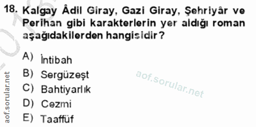 18. soru: Kalgay Ådil Giray, Gazi Giray, Şehriyar ve Perihan gibi karakterlerin yer aldığı roman aşağıdakilerden hangisidir? A)…