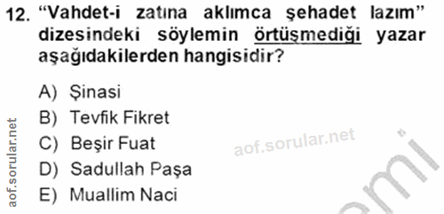 12. soru: "Vahdet-i zatına aklımca şehadet lazım" dizesindeki söylemin örtüşmediği yazar aşağıdakilerden hangisidir? A) Sinasi…