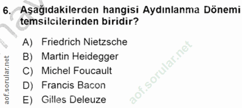 6. soru: Aşağıdakilerden hangisi Aydınlanma Dönemi temsilcilerinden biridir? A) Friedrich Nietzsche B) Martin Heidegger C) Mic…