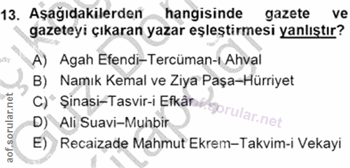 13. soru: Aşağıdakilerden hangisinde gazete ve gazeteyi çıkaran yazar eşleştirmesi yanlıştır? A) Agah Efendi-Tercüman-1 Ahval B…