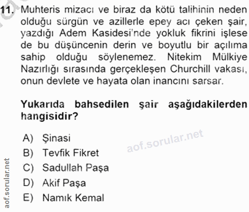 11. soru: Muhteris mizacı ve biraz da kötü talihinin neden olduğu sürgün ve zillerle epey acı çeken şair, yazdığı Adem Kaidesi'…
