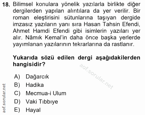 18. soru: Bilimsel konulara yönelik yazılarla birlikte diğer dergilerden yapılan alıntılara da yer verilir. Bir roman eleştiris…