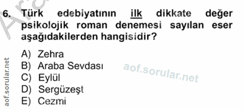 6. soru: Türk edebiyatının ilk dikkate değer psikolojik roman denemesi sayılan eser aşağıdakilerden hangisidir? A) Zehra B) Ar…