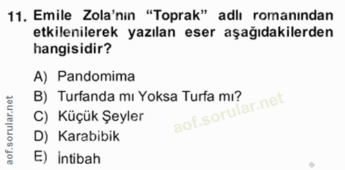 11. soru: Emile Zola'nın "Toprak" adlı romanından etkilenilerek yazılan eser aşağıdakilerden hangisidir? A) Pandomima B) Turfan…