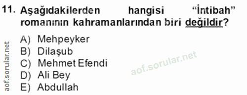 11. soru: Aşağıdakilerden hangisi "Intibah" romanının kahramanlarından biri degildir? A) Mehpeyker B) Dilaşub C) Mehmet Efendi…