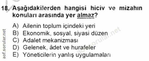 18. soru: Aşağıdakilerden hangisi hiciv ve mizahın konuları arasında yer almaz? A) Ailenin toplum içindeki yeri B) Ekonomik, so…