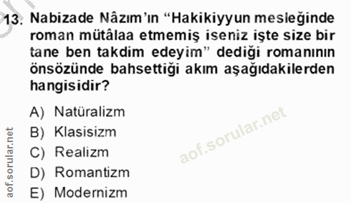 13. soru: Nabizade Nâzım'in "Hakikiyyun mesleğinde roman mütâlaa etmemiş iseniz işte size bir tane ben takdim edeyim" dediği ro…