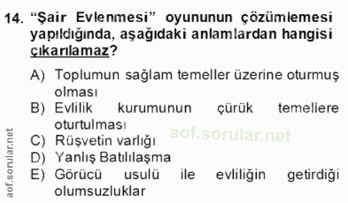 14. soru: "Şair Evlenmesi" oyununun çözümlemesi yapıldığında, aşağıdaki anlamlardan hangisi çıkarılamaz? A) Toplumun sağlam tem…