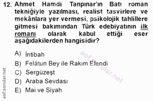 12. soru: Ahmet Hamdi Tapınar'ın Batı roman tekniğiyle yazılması, realist tasvirlere ve mekânlara yer vermesi, psikolojik tahli…