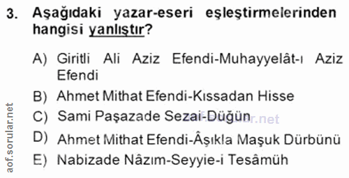3. soru: Aşağıdaki yazar-eseri eşleştirmelerinden hangisi yanlıştır? A) Giritli Ali Aziz Efendi-Muhayyelât-ı Aziz Efendi B) Ah…