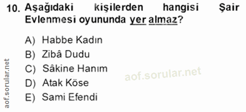 10. soru: Aşağıdaki kişilerden hangisi Şair Evlenmesi oyununda yer almaz? A) Habbe Kadın B) Zibâ Dudu C) Sâkine Hanım D) Atak K…