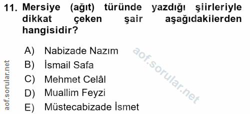 11. soru: Mersiye (ağıt) türünde yazdığı şiirleriyle dikkat çeken şair aşağıdakilerden hangisidir? A) Nabizade Nazım B) Ismail…