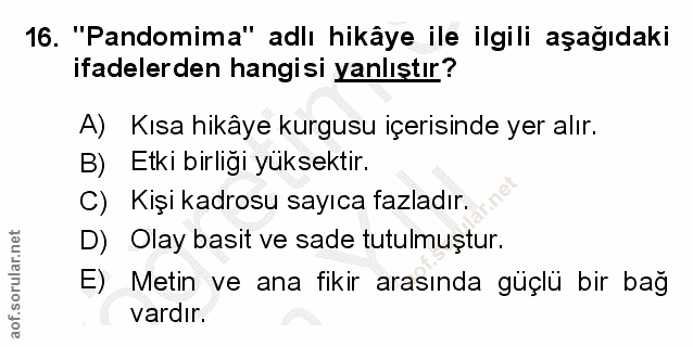 16. soru: "Pandomima" adlı hikâye ile ilgili aşağıdaki ifadelerden hangisi yanlıştır? A) Kısa hikâye kurgusu içerisinde yer alı…