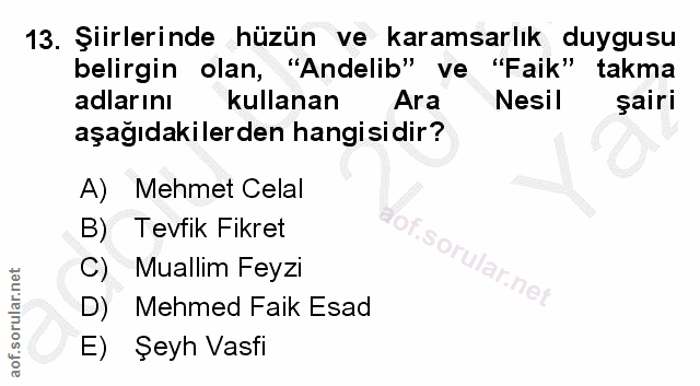13. soru: Şiirlerinde hüzün ve karamsarlık duygusu belirgin olan, "Andelib" ve "Faik" takma adlarını kullanan Ara Nesil şairi a…