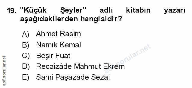 19. soru: "Küçük Şeyler" adlı kitabın yazarı aşağıdakilerden hangisidir? A) Ahmet Rasim B) Namık Kemal C) Beşir Fuat D) Recaizâ…