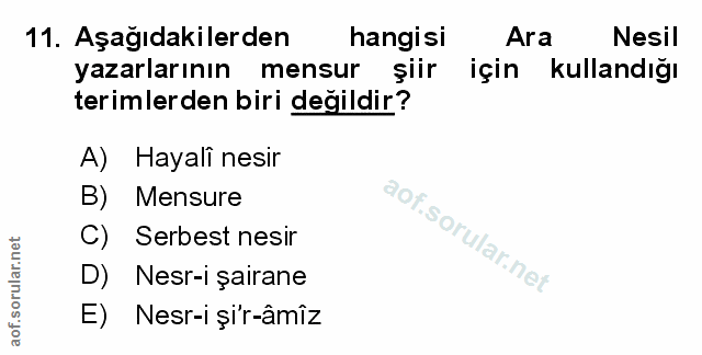 11. soru: Aşağıdakilerden hangisi Ara Nesil yazarlarının mensur şiir için kullandığı terimlerden biri değildir? A) Hayali nesir…