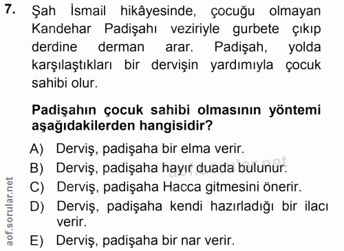 7. soru: Şah Ismail hikâyesinde, çocuğu olmayan Kandehar Padişahı veziriyle gurbete çıkıp derdine derman arar. Padişah, yolda…