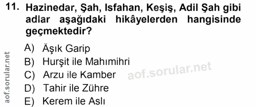 11. soru: Hazinedar, Şah, Isfahan, Keşiş, Adil Şah gibi adlar aşağıdaki hikâyelerden hangisinde geçmektedir? A) Äşık Garip B) H…