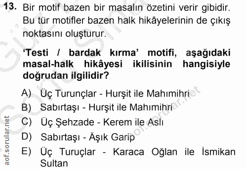 13. soru: Bir motif bazen bir masalın özetini verir gibidir. Bu tür motifler bazen halk hikâyelerinin de çıkış noktasını oluştu…