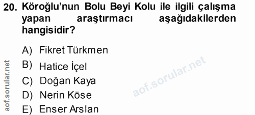 20. soru: Köroğlu'nun Bolu Beyi Kolu ile ilgili çalışma yapan araştırmacı aşağıdakilerden hangisidir? A) Fikret Türkmen B) Hati…