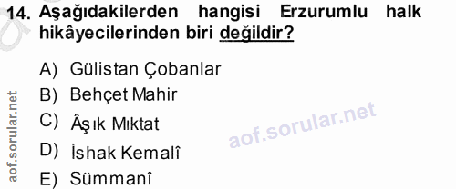 14. soru: Aşağıdakilerden hangisi Erzurumlu halk hikâyecilerinden biri değildir? A) Gülistan Çobanlar B) Behçet Mahir C) Âşık M…