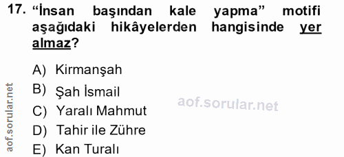 17. soru: "Insan başından kale yapma" motifi aşağıdaki hikâyelerden hangisinde yer almaz? A) Kirmanşah B) Şah Ismail C) Yaralı…