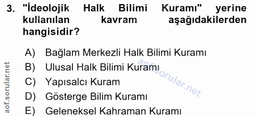 3. soru: "İdeolojik Halk Bilimi Kuramı" yerine kullanılan kavram aşağıdakilerden hangisidir? A) Bağlam Merkezli Halk Bilimi Ku…