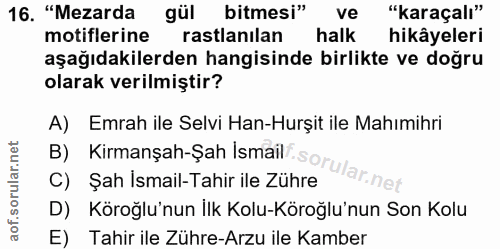 16. soru: "Mezarda gül bitmesi" ve "karaçalı" motiflerine rastlanılan halk hikâyeleri aşağıdakilerden hangisinde birlikte ve do…