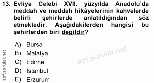 13. soru: Evliya Çelebi XVII. yüzyılda Anadolu'da meddah ve meddah hikâyelerinin kahvelerde belirli şehirlerde anlatıldığından…