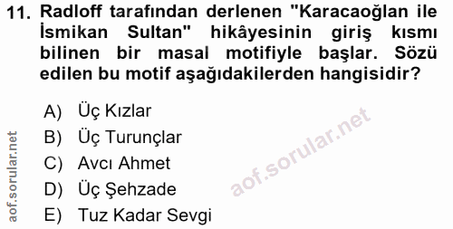 11. soru: Radloff tarafından derlenen "Karacaoğlan ile İsmikan Sultan" hikâyesinin giriş kısmı bilinen bir masal motifiyle başl…