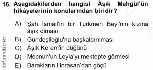 16. soru: Aşağıdakilerden hangisi Åşık Mahgül'ün hikâyelerinin konularından biridir? A) Şah Ismail'in bir Türkmen Beyi'nin kızı…