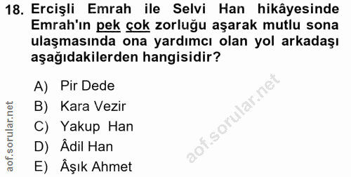 18. soru: Ercişli Emrah ile Selvi Han hikâyesinde Emrah'ın pek çok zorluğu aşarak mutlu sona ulaşmasında ona yardımcı olan yol…