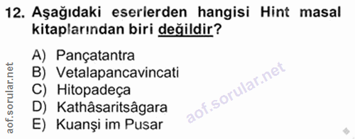 12. soru: Aşağıdaki eserlerden hangisi Hint masal kitaplarından biri değildir? A) Pançatantra B) Vetalapancavincati C) Hitopade…