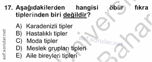 17. soru: Aşağıdakilerden hangisi öbür fıkra tiplerinden biri değildir? A) Karadenizli tipler B) Hastalıklı tipler C) Moda tipl…
